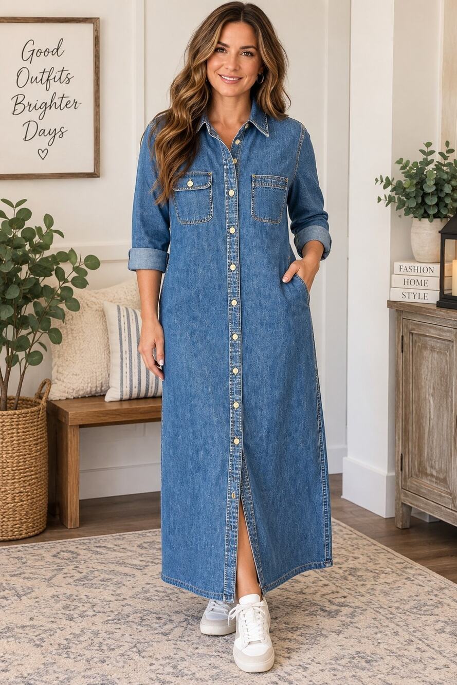Ralph Lauren Womens M Denim Maxi Shirt Dress Blue Button Front Long Sleeve 90s